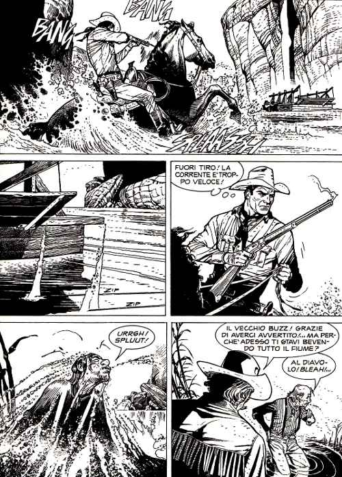 Tex cavalca nell'acqua (come nella copertina di C.Villa)<br>Tex 627, pag.27 - Tavola di Stefano Andreucci<br><i>(c) 2013 Sergio Bonelli Editore</i>