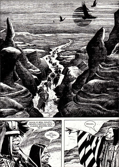 I lava Beds nella splendida raffigurazione di Breccia<br>Tex gigante 31, pag.82 - Tavola di Enrique Breccia<br><i>(c) SBE 2016</i>